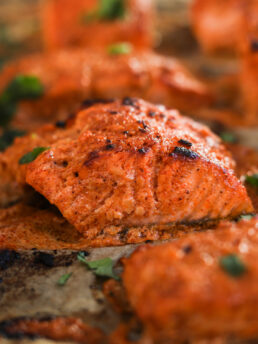 A close up perspective image of a piece of tandoori salmon fish tikka that is charred beautifully.