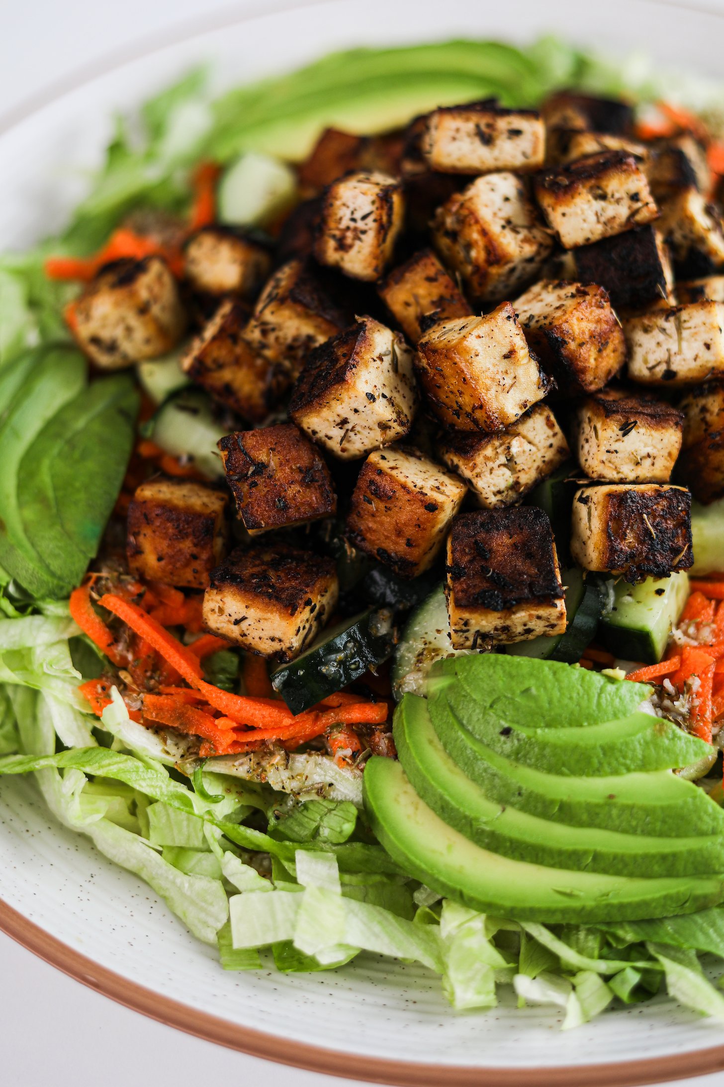 Perspective view of a vibrant salad adorned with charred tofu cubes.