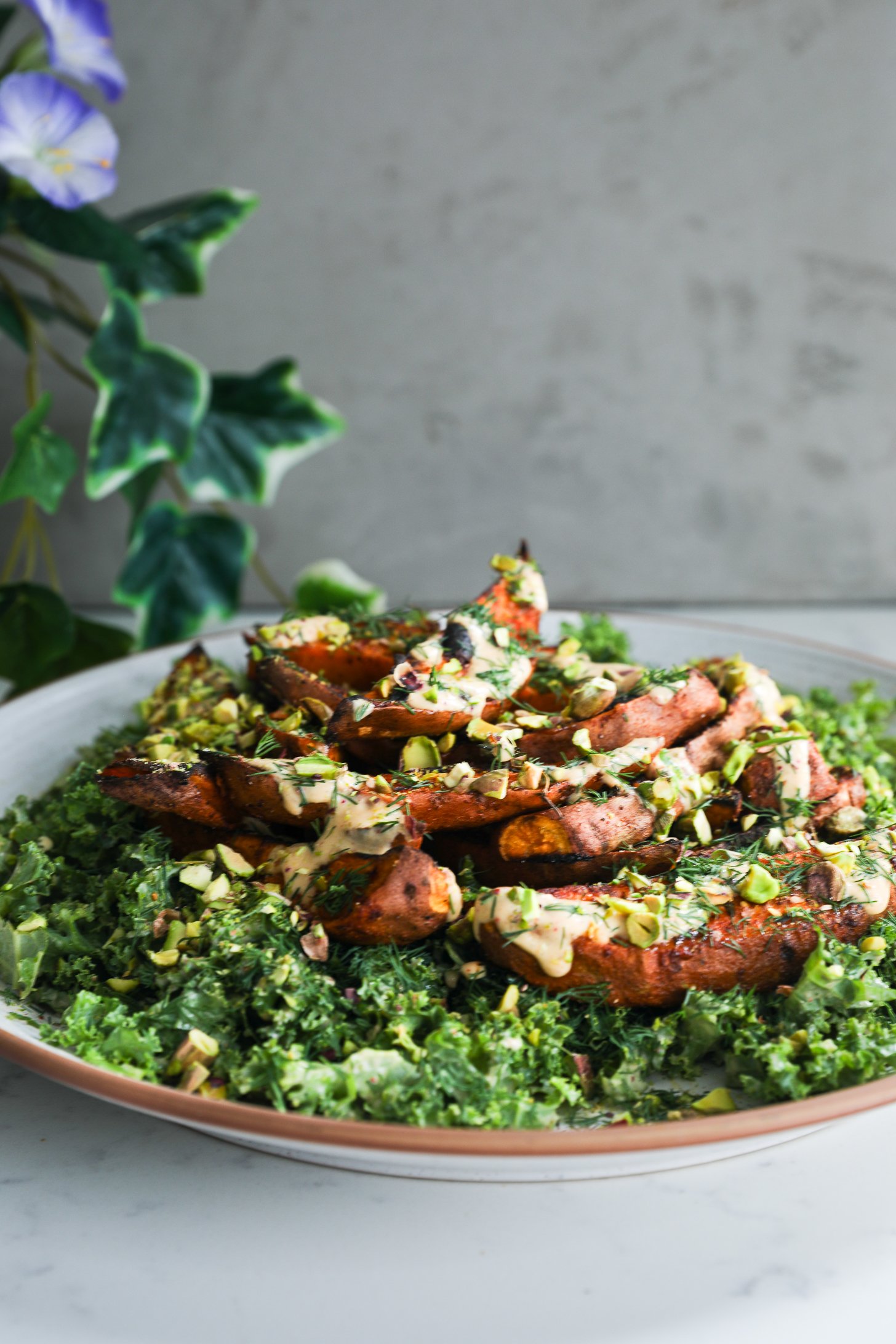 A close up perspective image of a plate of chopped kale topped with spicy roasted sweet potatoes doused in a creamy dressing and covered in chopped pistachios.