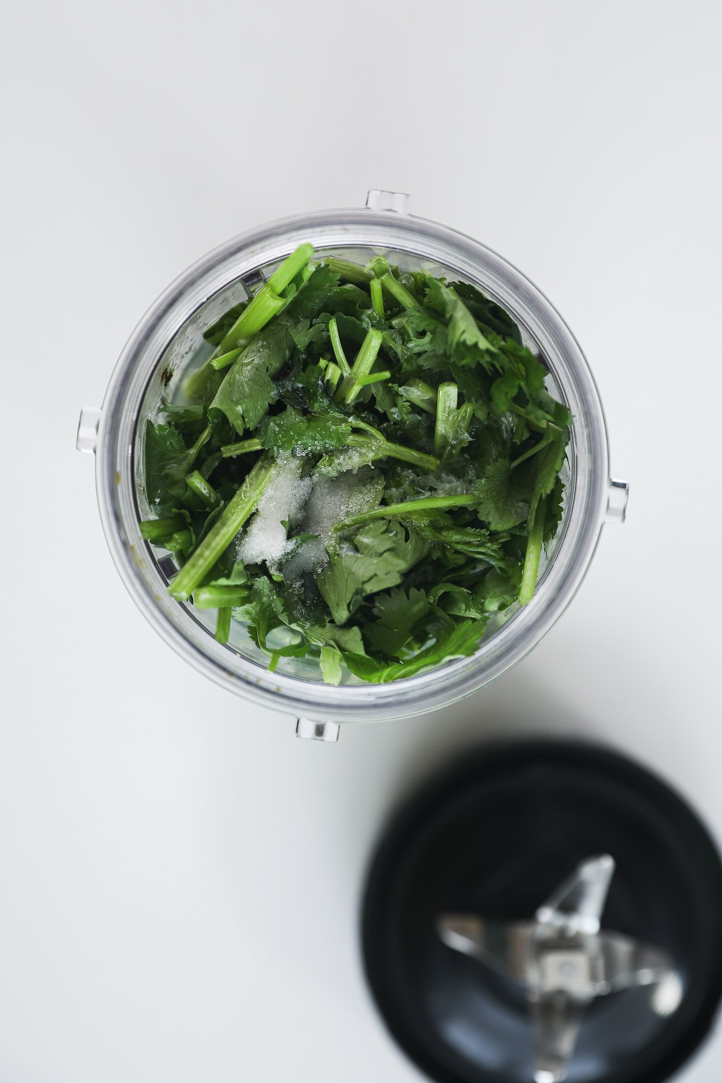 Compact blender cup containing cilantro and salt.