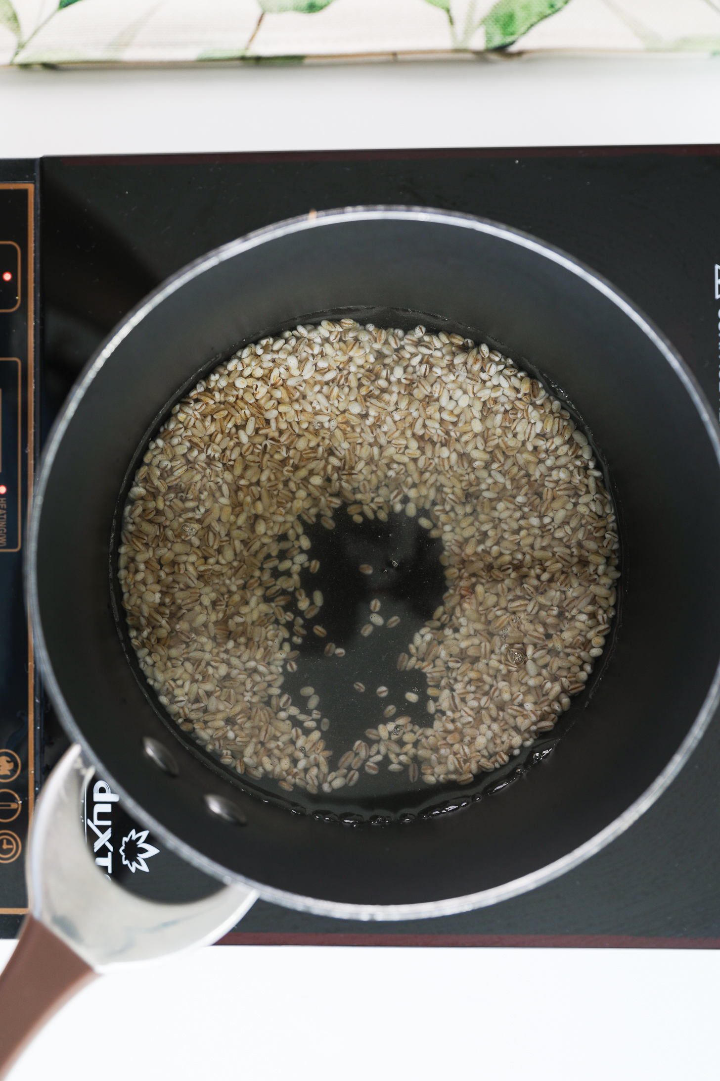 Saucepan with barley submerged in water on a mobile cooktop.