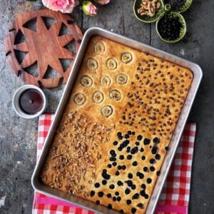 Sheet pan pancake with different toppings.