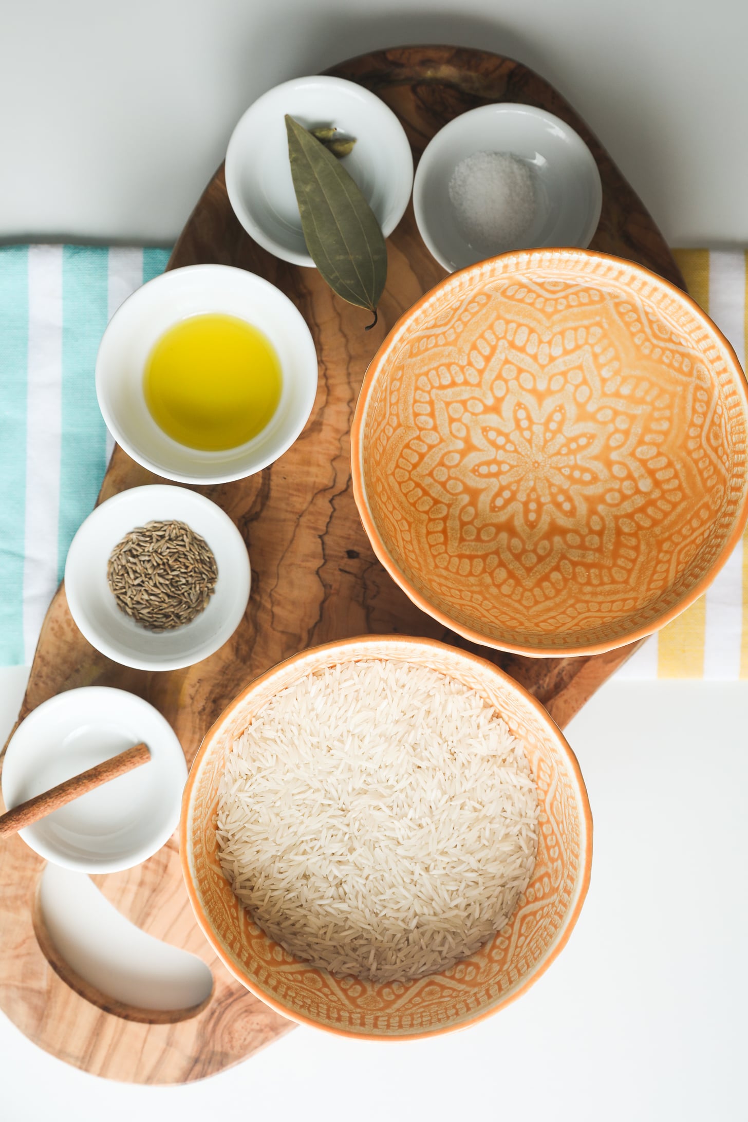 Ingredients measured for a rice dish.